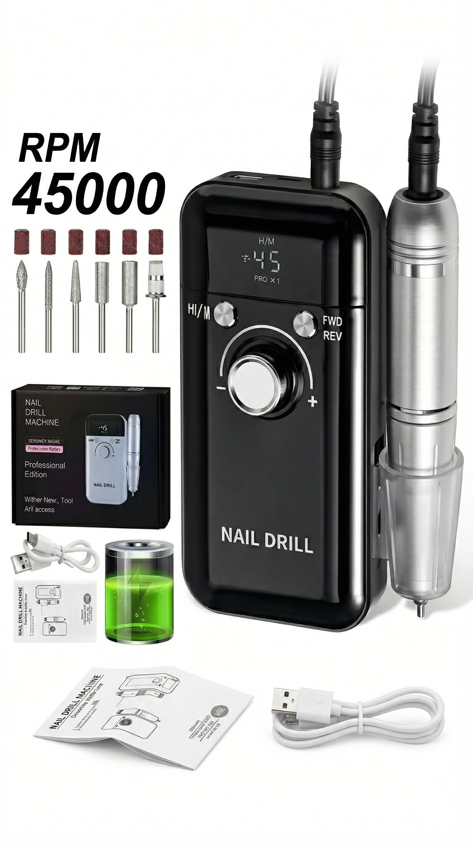 Professional Cordless Nail Drilling Machine Low Noise Rechargeable Nail Kit